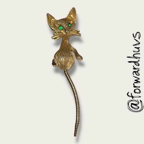 Vintage Cat Brooch with Articulating Tail & Green Eyes - Picture 1 of 7